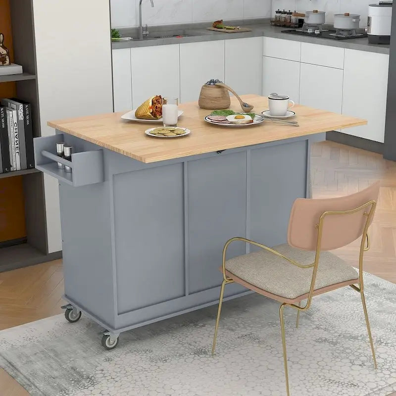Îlot de cuisine mobile roulant avec roues, abattant et plateau en bois massif