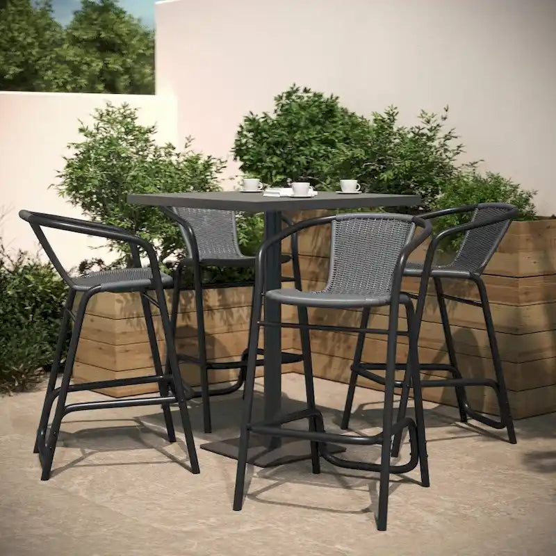 Tabouret de bar de restaurant en rotin d'intérieur-extérieur commercial avec cadre en aluminium - Lot de 4