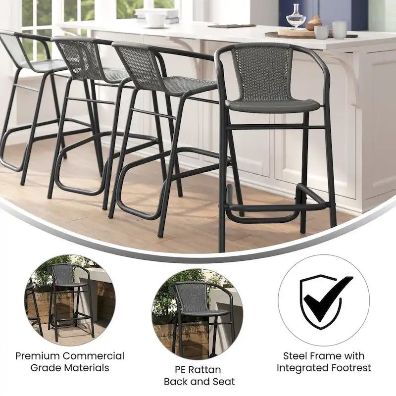 Tabouret de bar de restaurant en rotin d'intérieur-extérieur commercial avec cadre en aluminium - Lot de 4