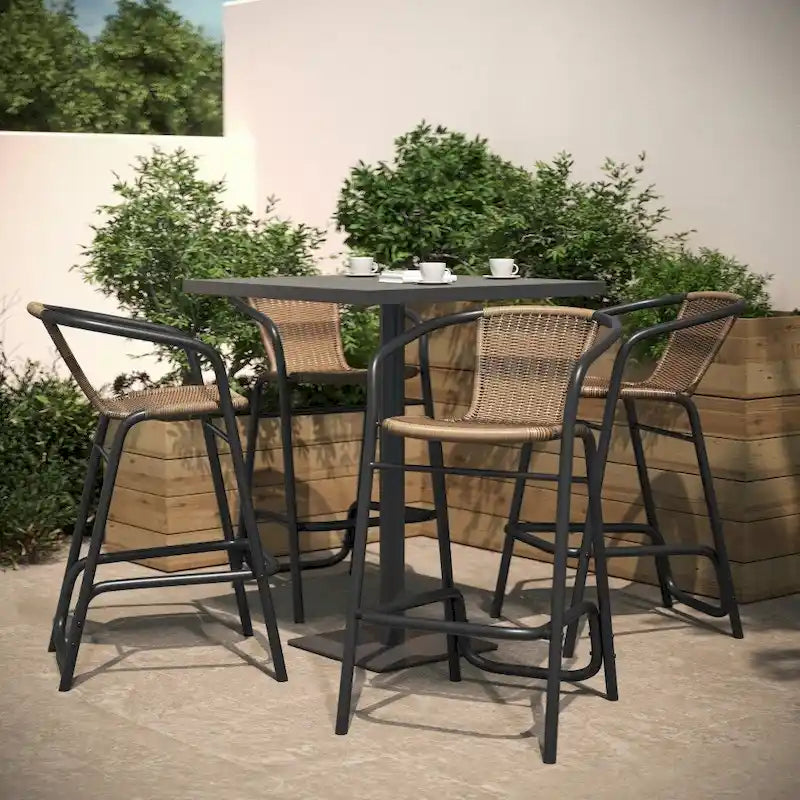 Tabouret de bar de restaurant en rotin d'intérieur-extérieur commercial avec cadre en aluminium - Lot de 4