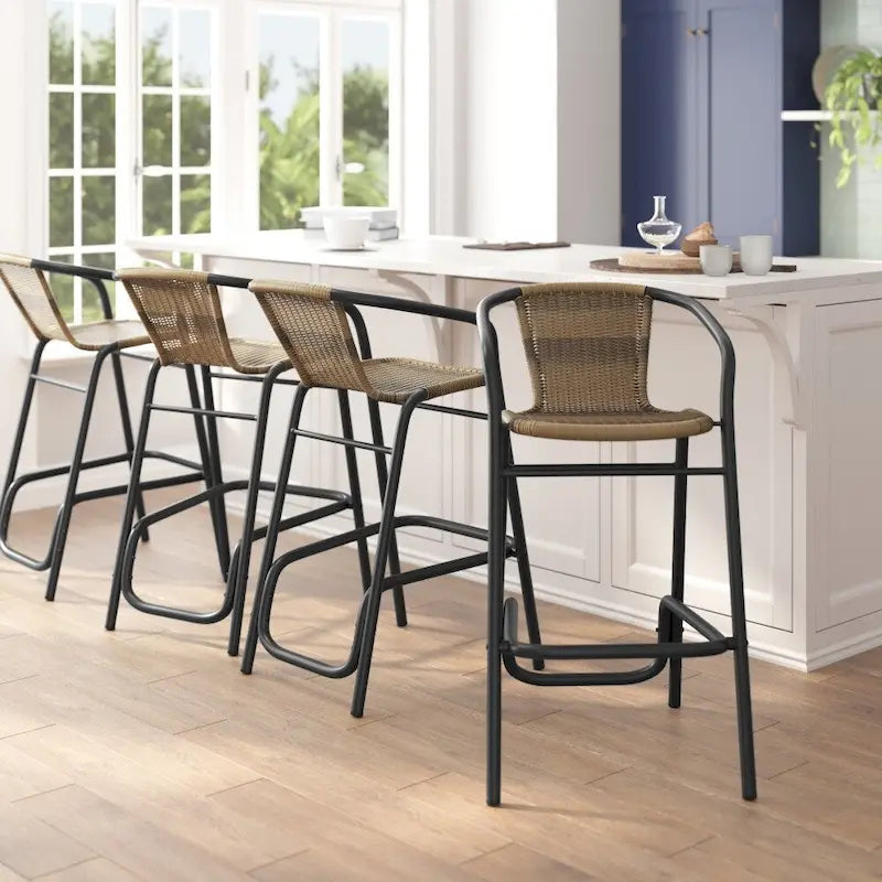 Tabouret de bar de restaurant en rotin d'intérieur-extérieur commercial avec cadre en aluminium - Lot de 4