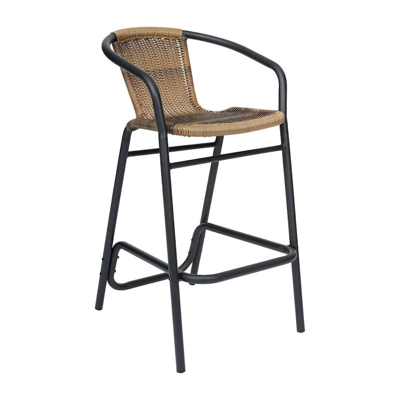 Tabouret de bar de restaurant en rotin d'intérieur-extérieur commercial avec cadre en aluminium - Lot de 4
