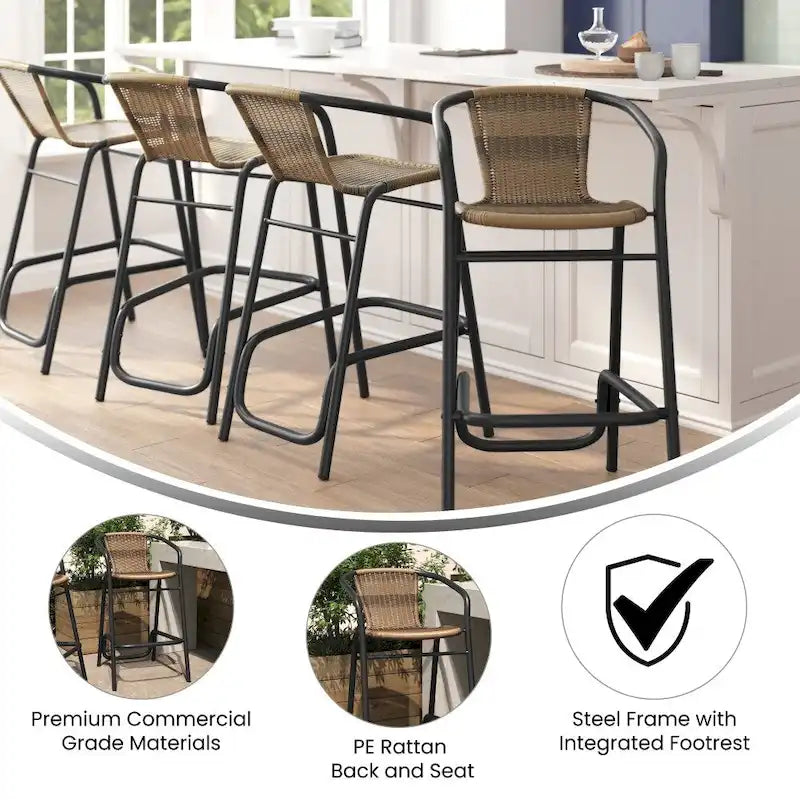 Tabouret de bar de restaurant en rotin d'intérieur-extérieur commercial avec cadre en aluminium - Lot de 4