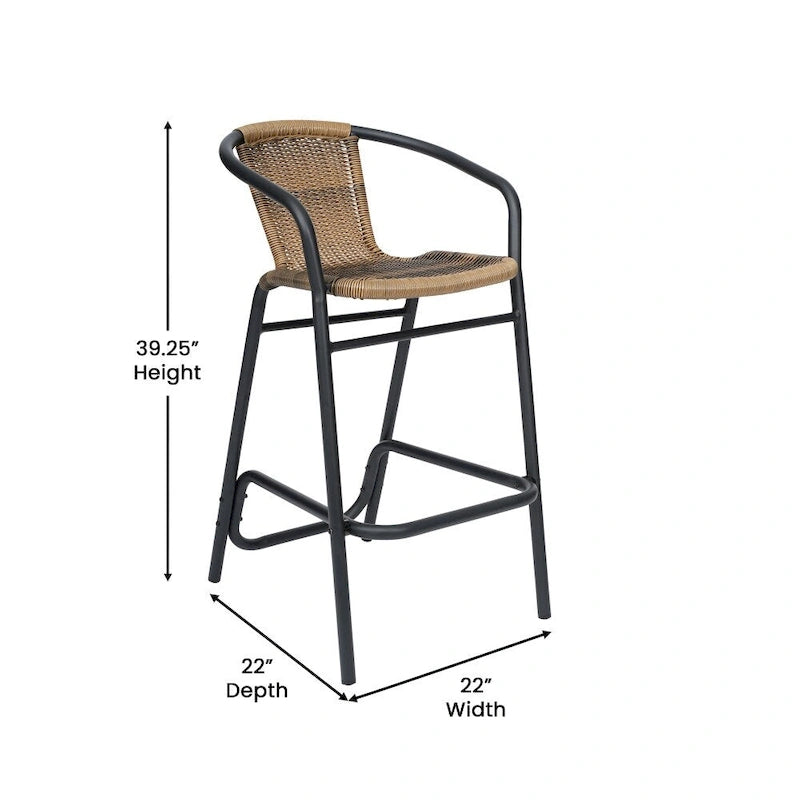 Tabouret de bar de restaurant en rotin d'intérieur-extérieur commercial avec cadre en aluminium - Lot de 4