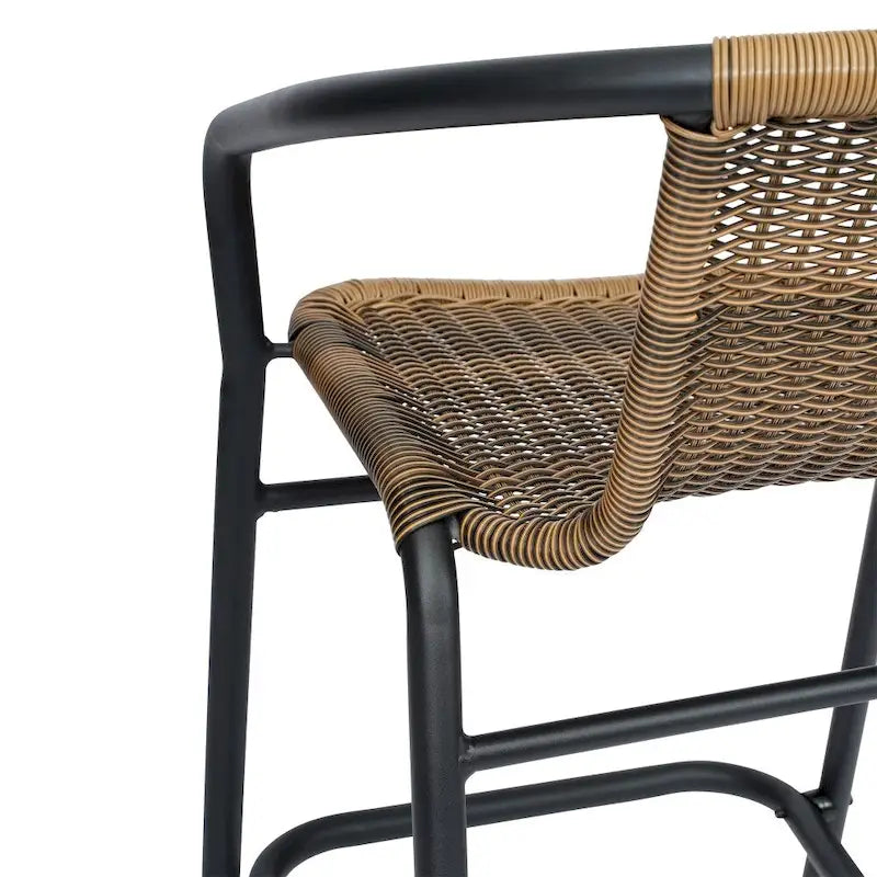 Tabouret de bar de restaurant en rotin d'intérieur-extérieur commercial avec cadre en aluminium - Lot de 4