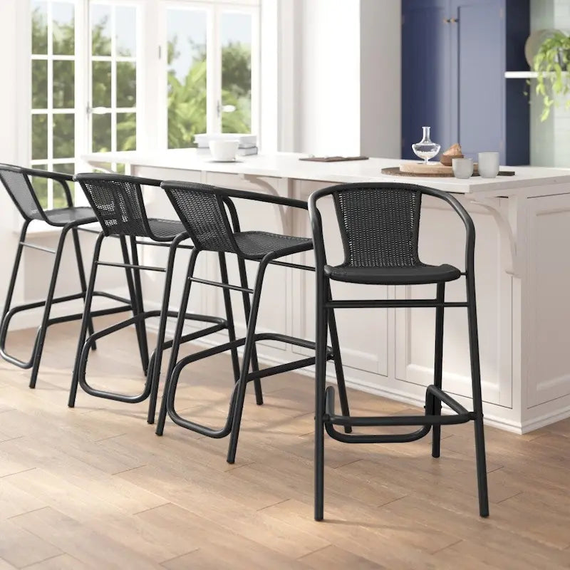 Tabouret de bar de restaurant en rotin d'intérieur-extérieur commercial avec cadre en aluminium - Lot de 4