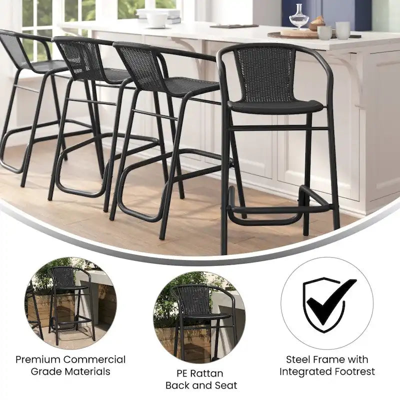 Tabouret de bar de restaurant en rotin d'intérieur-extérieur commercial avec cadre en aluminium - Lot de 4