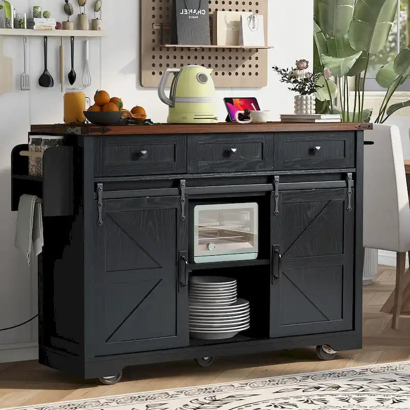 53.7 Farmhouse Kitchen Island with Power Outlet,2 Sliding Barn Door Kitchen Storage Island with Drop Leaf