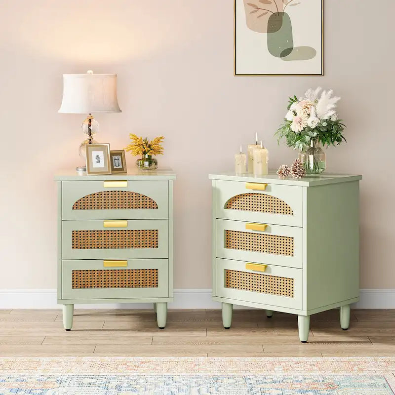 Table de chevet de 20 pouces, commode de chevet en bois à 3 tiroirs, meuble de rangement pour chambre, vert