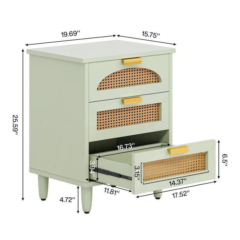 Table de chevet de 20 pouces, commode de chevet en bois à 3 tiroirs, meuble de rangement pour chambre, vert