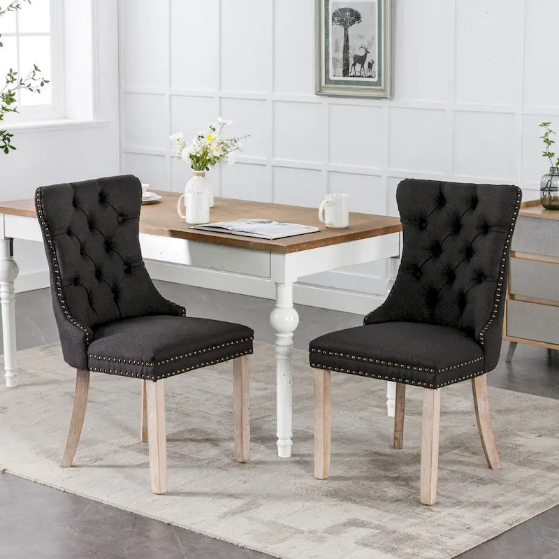 Ensemble de 2 chaises de salle à manger haut de gamme en lin touffeté contemporain, en bois massif, avec pieds en bois et clous décoratifs