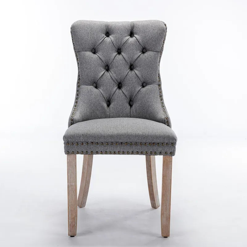 Ensemble de 2 chaises de salle à manger haut de gamme en lin touffeté contemporain, en bois massif, avec pieds en bois et clous décoratifs