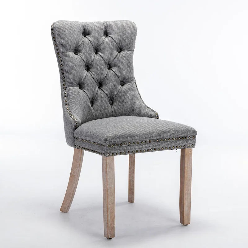 Ensemble de 2 chaises de salle à manger haut de gamme en lin touffeté contemporain, en bois massif, avec pieds en bois et clous décoratifs