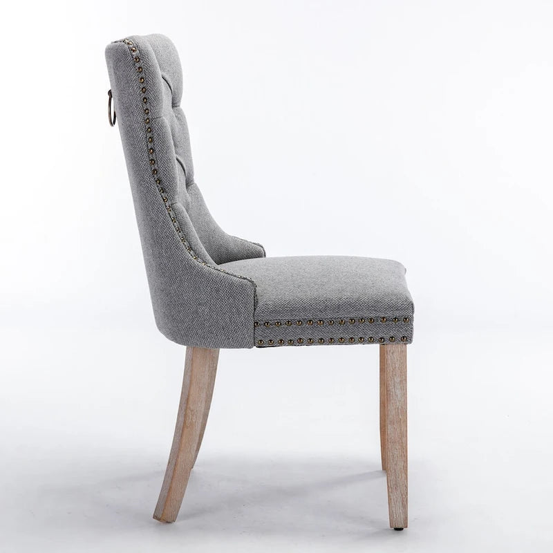 Ensemble de 2 chaises de salle à manger haut de gamme en lin touffeté contemporain, en bois massif, avec pieds en bois et clous décoratifs