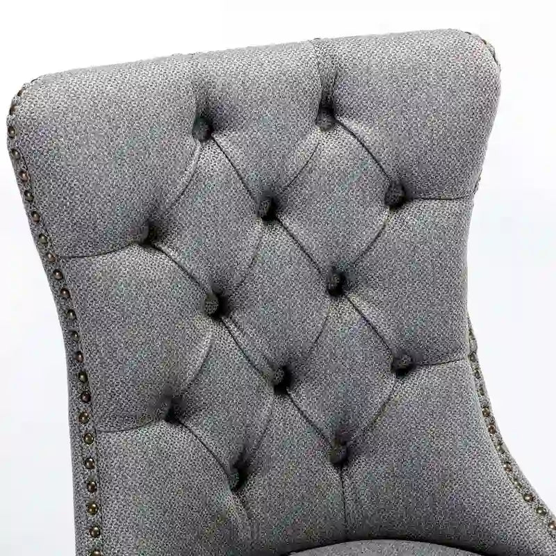 Ensemble de 2 chaises de salle à manger haut de gamme en lin touffeté contemporain, en bois massif, avec pieds en bois et clous décoratifs