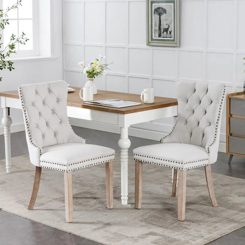Ensemble de 2 chaises de salle à manger haut de gamme en lin touffeté contemporain, en bois massif, avec pieds en bois et clous décoratifs