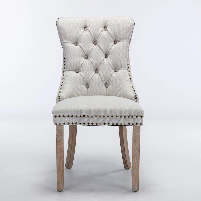 Ensemble de 2 chaises de salle à manger haut de gamme en lin touffeté contemporain, en bois massif, avec pieds en bois et clous décoratifs