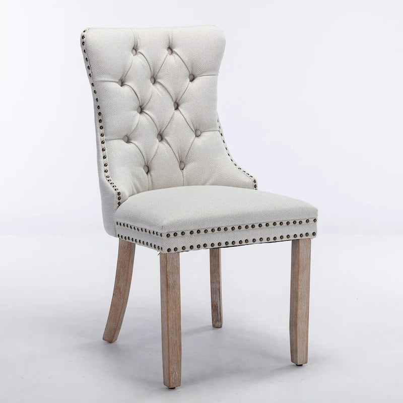 Ensemble de 2 chaises de salle à manger haut de gamme en lin touffeté contemporain, en bois massif, avec pieds en bois et clous décoratifs