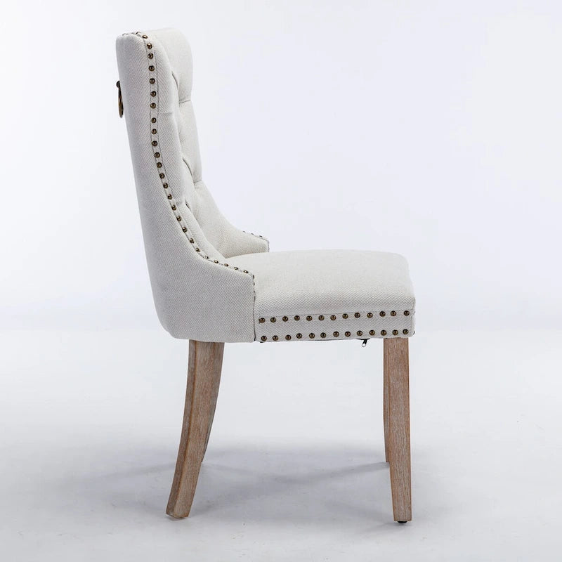 Ensemble de 2 chaises de salle à manger haut de gamme en lin touffeté contemporain, en bois massif, avec pieds en bois et clous décoratifs