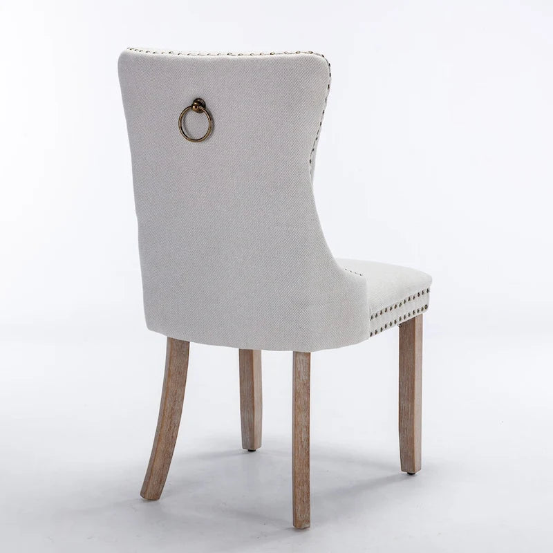 Ensemble de 2 chaises de salle à manger haut de gamme en lin touffeté contemporain, en bois massif, avec pieds en bois et clous décoratifs
