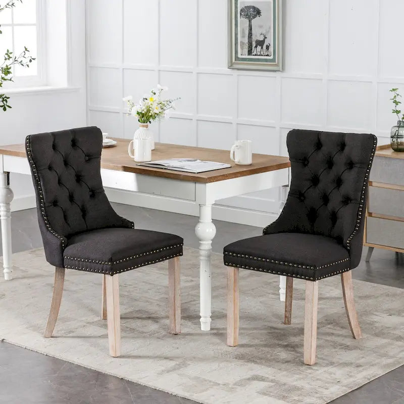 Ensemble de 2 chaises de salle à manger haut de gamme en lin touffeté contemporain, en bois massif, avec pieds en bois et clous décoratifs