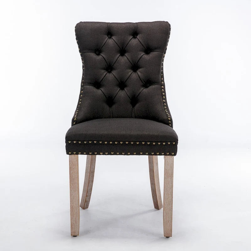 Ensemble de 2 chaises de salle à manger haut de gamme en lin touffeté contemporain, en bois massif, avec pieds en bois et clous décoratifs