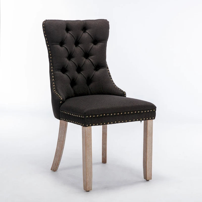 Ensemble de 2 chaises de salle à manger haut de gamme en lin touffeté contemporain, en bois massif, avec pieds en bois et clous décoratifs