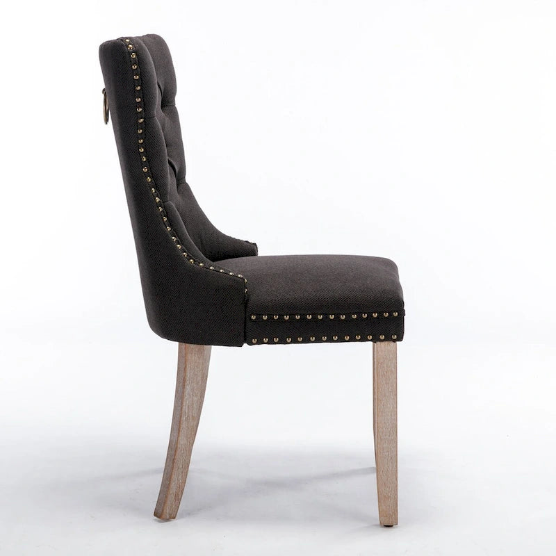 Ensemble de 2 chaises de salle à manger haut de gamme en lin touffeté contemporain, en bois massif, avec pieds en bois et clous décoratifs