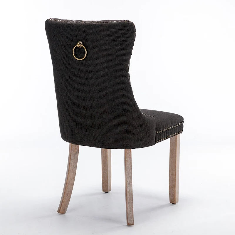 Ensemble de 2 chaises de salle à manger haut de gamme en lin touffeté contemporain, en bois massif, avec pieds en bois et clous décoratifs
