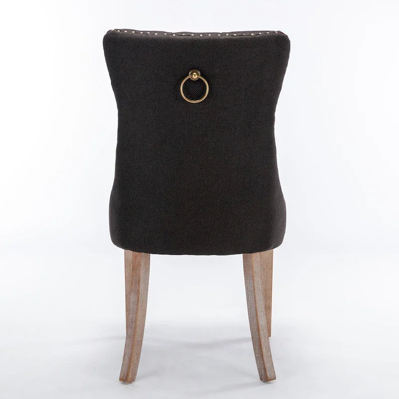 Ensemble de 2 chaises de salle à manger haut de gamme en lin touffeté contemporain, en bois massif, avec pieds en bois et clous décoratifs