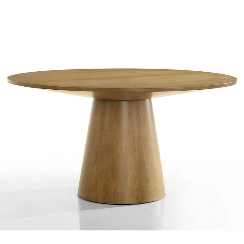 Table de salle à manger de 150 cm, plateau rond et pied central, finition marron