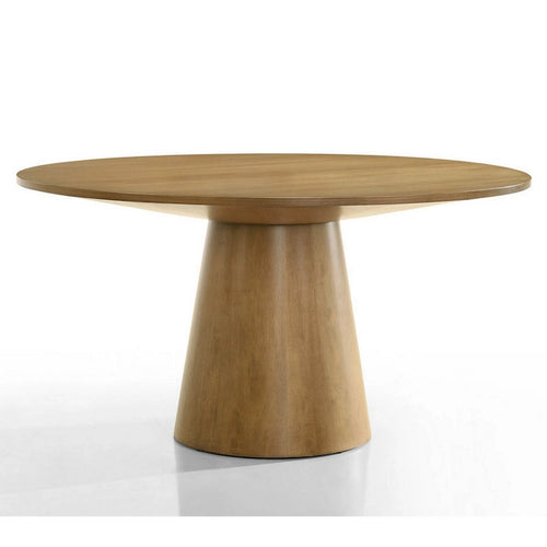Table de salle à manger de 150 cm, plateau rond et pied central, finition marron