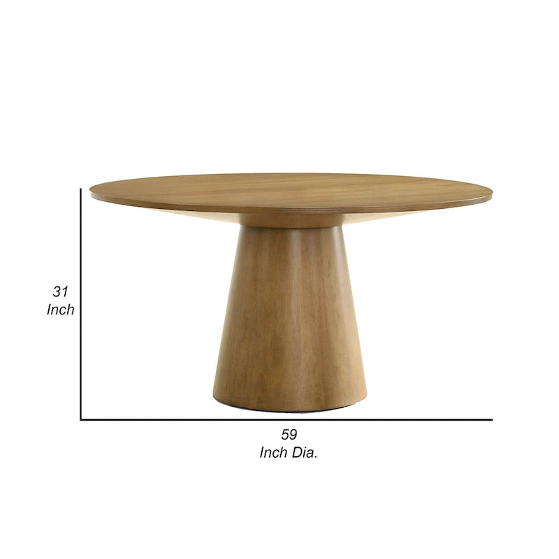 Table de salle à manger de 150 cm, plateau rond et pied central, finition marron