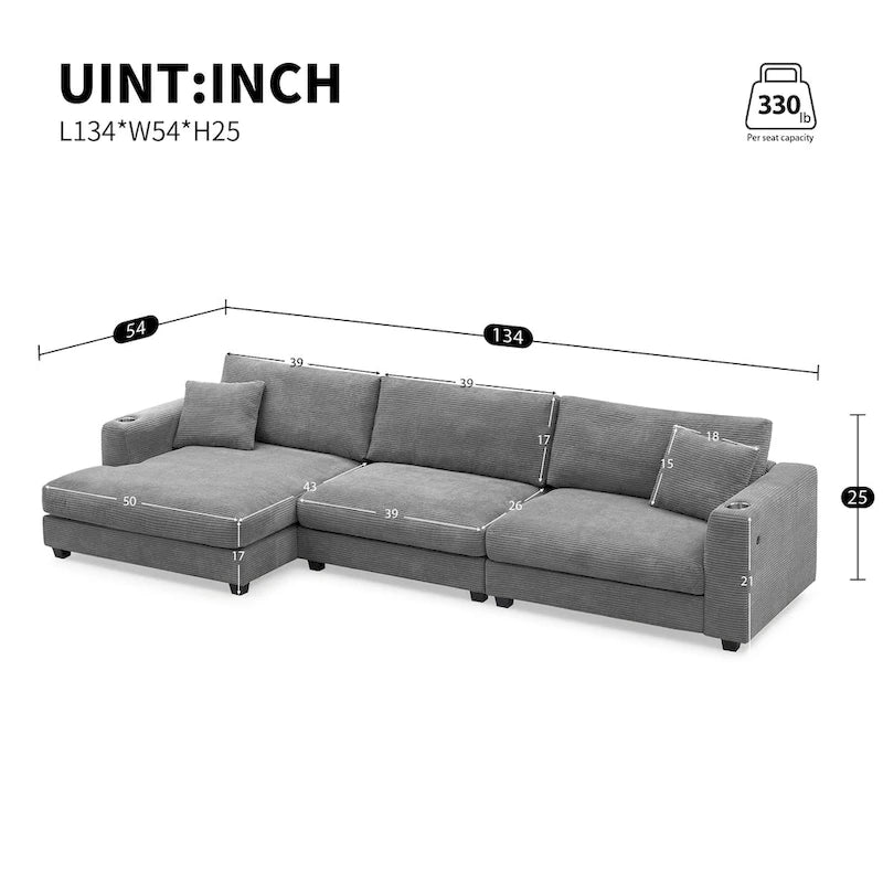 Canapé d'angle surdimensionné en velours côtelé, canapé nuage en forme de L avec port de chargement USB, porte-gobelet, canapé-lit profond avec méridienne de 50 po