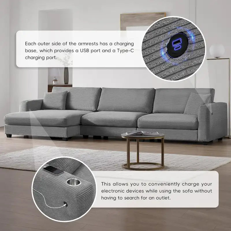 Canapé d'angle surdimensionné en velours côtelé, canapé nuage en forme de L avec port de chargement USB, porte-gobelet, canapé-lit profond avec méridienne de 50 po