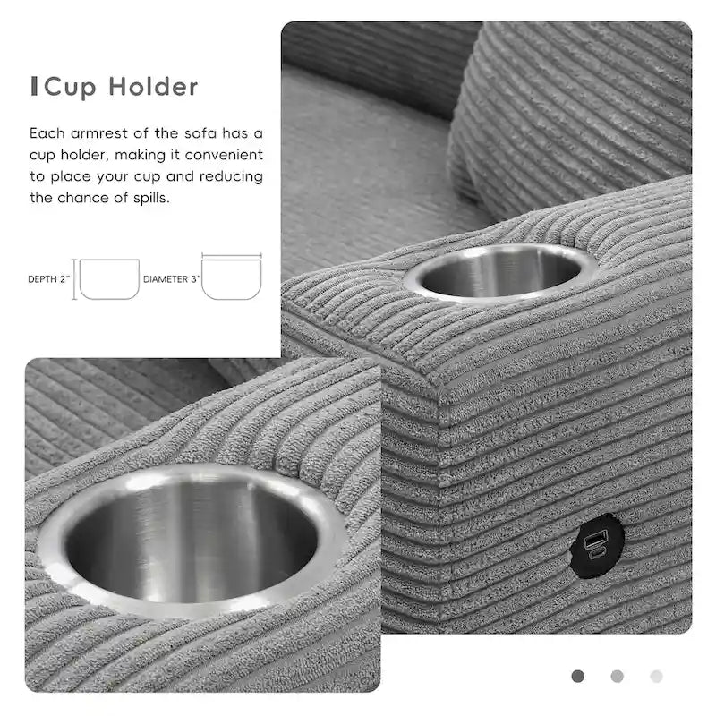 Canapé d'angle surdimensionné en velours côtelé, canapé nuage en forme de L avec port de chargement USB, porte-gobelet, canapé-lit profond avec méridienne de 50 po