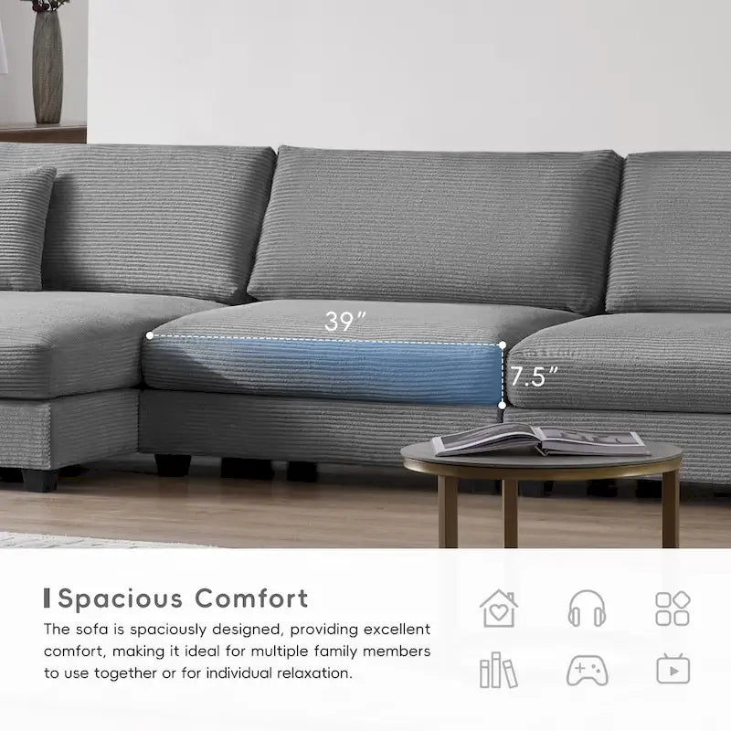 Canapé d'angle surdimensionné en velours côtelé, canapé nuage en forme de L avec port de chargement USB, porte-gobelet, canapé-lit profond avec méridienne de 50 po