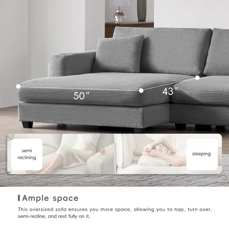 Canapé d'angle surdimensionné en velours côtelé, canapé nuage en forme de L avec port de chargement USB, porte-gobelet, canapé-lit profond avec méridienne de 50 po