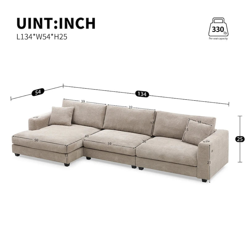 Canapé d'angle surdimensionné en velours côtelé, canapé nuage en forme de L avec port de chargement USB, porte-gobelet, canapé-lit profond avec méridienne de 50 po