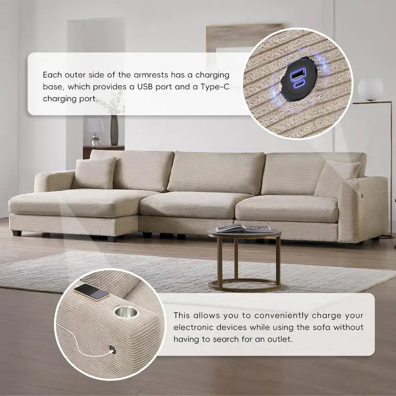 Canapé d'angle surdimensionné en velours côtelé, canapé nuage en forme de L avec port de chargement USB, porte-gobelet, canapé-lit profond avec méridienne de 50 po