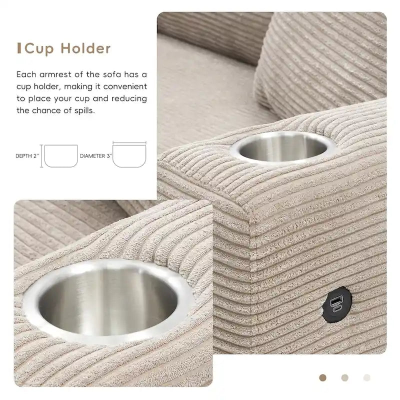 Canapé d'angle surdimensionné en velours côtelé, canapé nuage en forme de L avec port de chargement USB, porte-gobelet, canapé-lit profond avec méridienne de 50 po