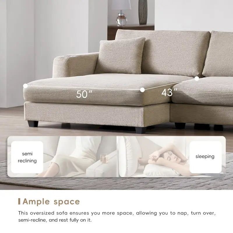 Canapé d'angle surdimensionné en velours côtelé, canapé nuage en forme de L avec port de chargement USB, porte-gobelet, canapé-lit profond avec méridienne de 50 po