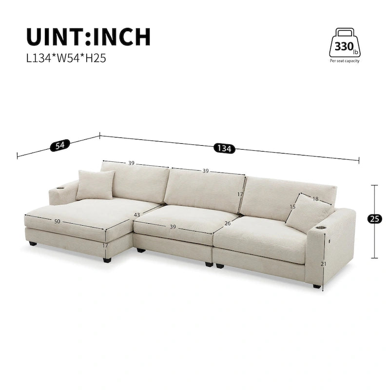 Canapé d'angle surdimensionné en velours côtelé, canapé nuage en forme de L avec port de chargement USB, porte-gobelet, canapé-lit profond avec méridienne de 50 po
