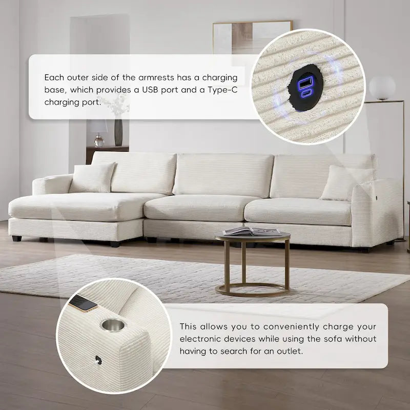 Canapé d'angle surdimensionné en velours côtelé, canapé nuage en forme de L avec port de chargement USB, porte-gobelet, canapé-lit profond avec méridienne de 50 po