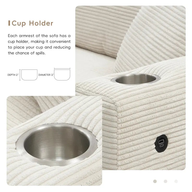 Canapé d'angle surdimensionné en velours côtelé, canapé nuage en forme de L avec port de chargement USB, porte-gobelet, canapé-lit profond avec méridienne de 50 po