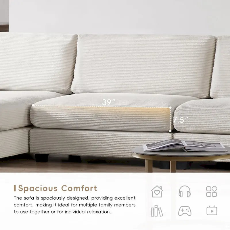 Canapé d'angle surdimensionné en velours côtelé, canapé nuage en forme de L avec port de chargement USB, porte-gobelet, canapé-lit profond avec méridienne de 50 po