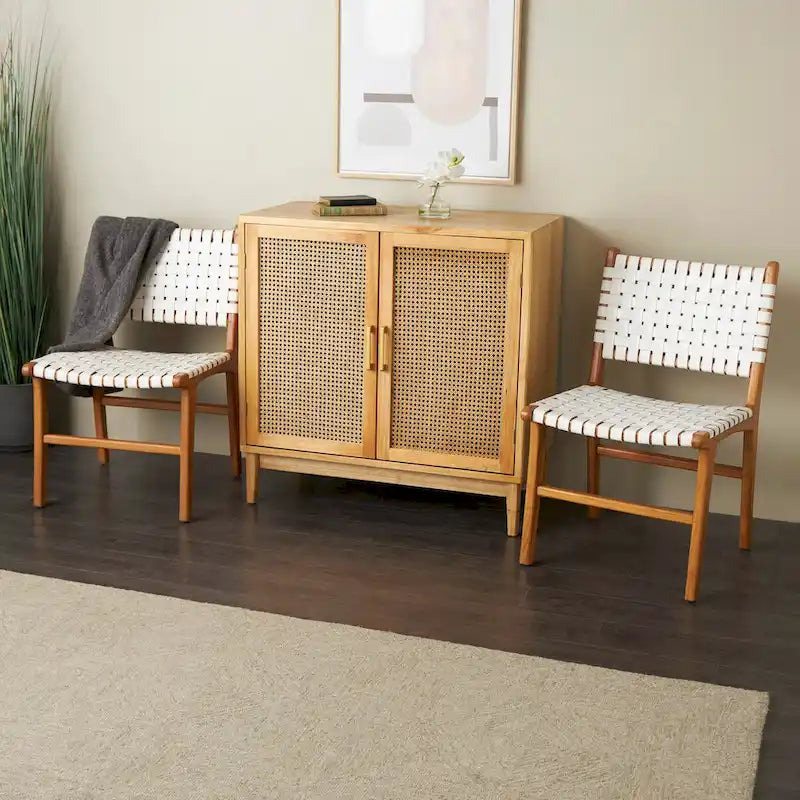 Chaise de salle à manger tressée à la main en cuir avec cadre en bois de teck - Lot de 2 Marron, Blanc ou Noir