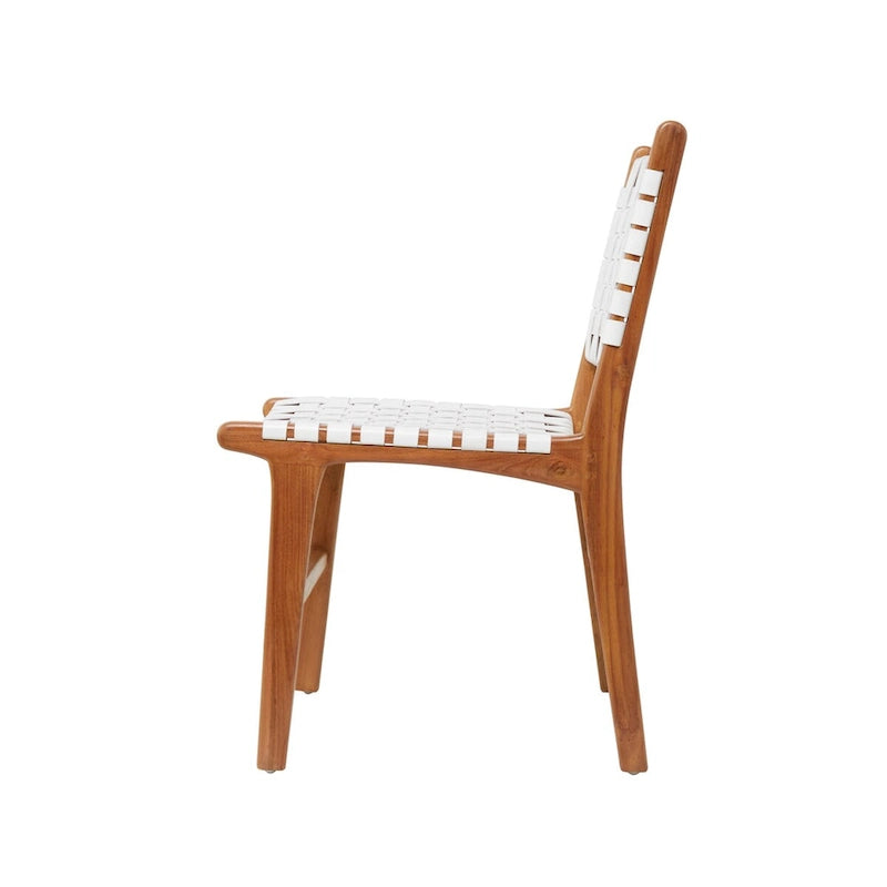 Chaise de salle à manger tressée à la main en cuir avec cadre en bois de teck - Lot de 2 Marron, Blanc ou Noir