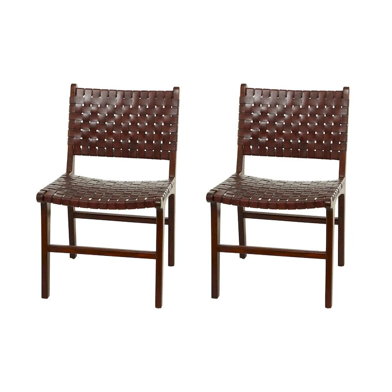Chaise de salle à manger tressée à la main en cuir avec cadre en bois de teck - Lot de 2 Marron, Blanc ou Noir