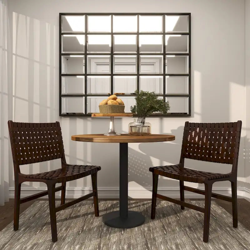 Chaise de salle à manger tressée à la main en cuir avec cadre en bois de teck - Lot de 2 Marron, Blanc ou Noir